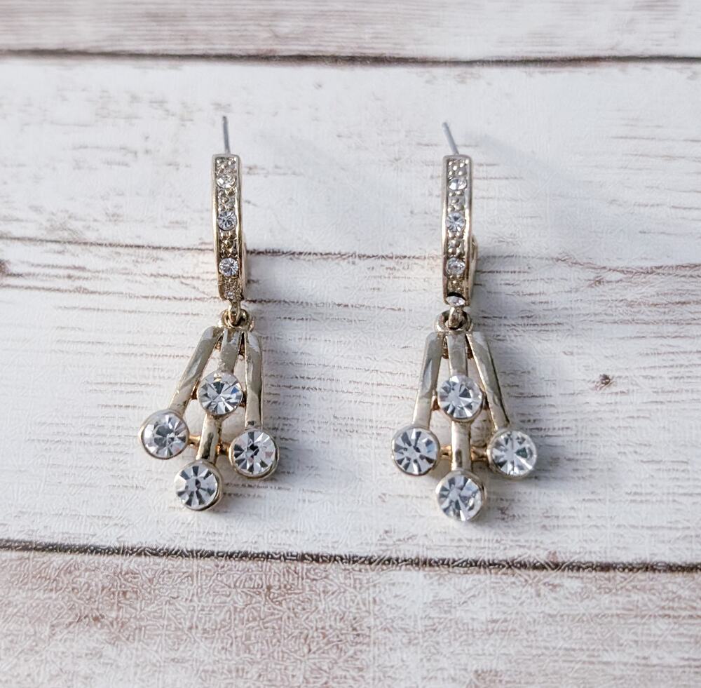 Vintage Earrings for Pierced Ears Long Gold Tone & Clear Gem Dangle